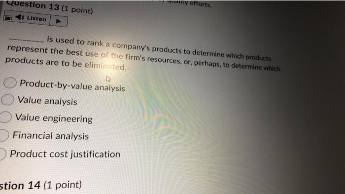 Question 13 (1 point) wanity efforts Listen is
