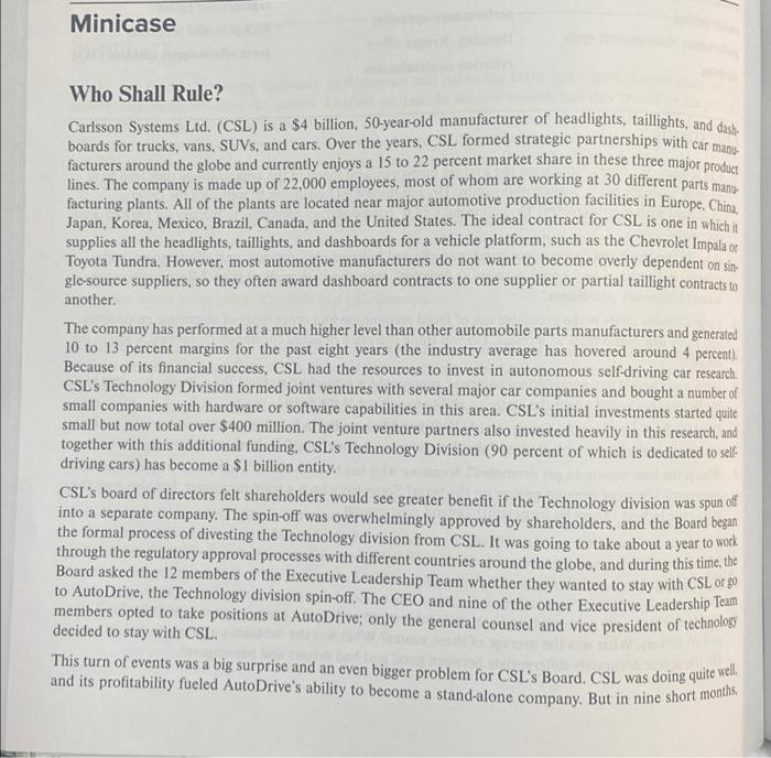 Chapter 11 Minicase. Please help with questions