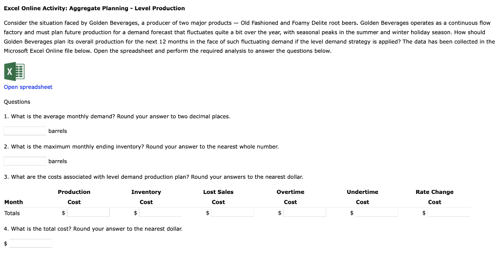 Excel Online Activity: Aggregate Planning - Level
