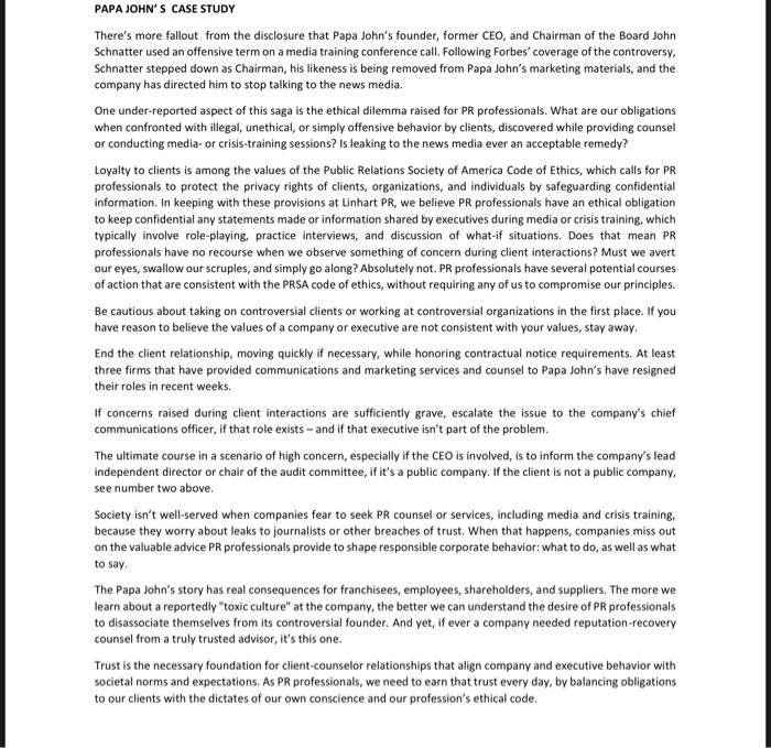 PAPA JOHN'S CASE STUDY There's more fallout from