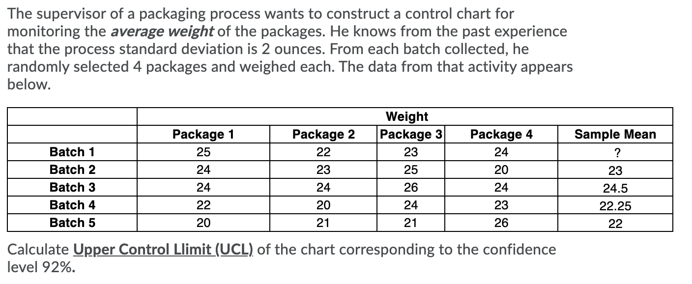 The supervisor of a packaging process wants to