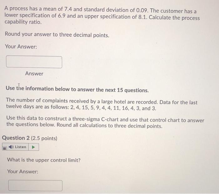 A process has a mean of 7.4 and standard