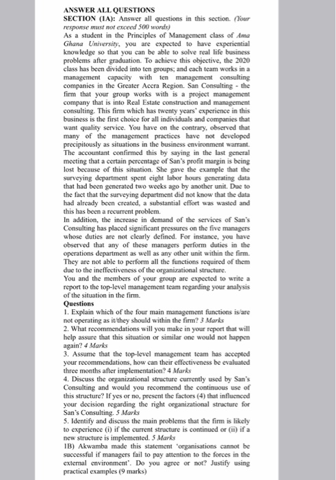 ANSWER ALL QUESTIONS SECTION (1A): Answer all