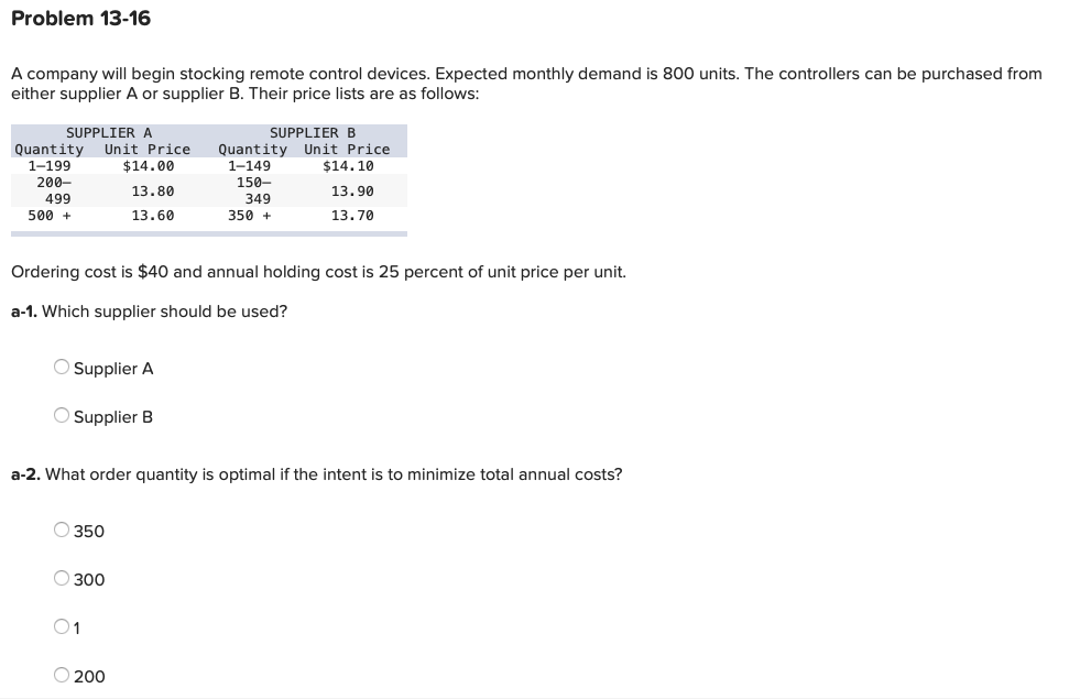 Problem 13-16 A company will begin stocking