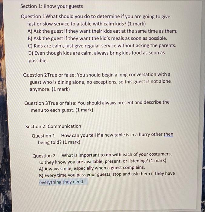 Section 1: Know your guests Question 1 What