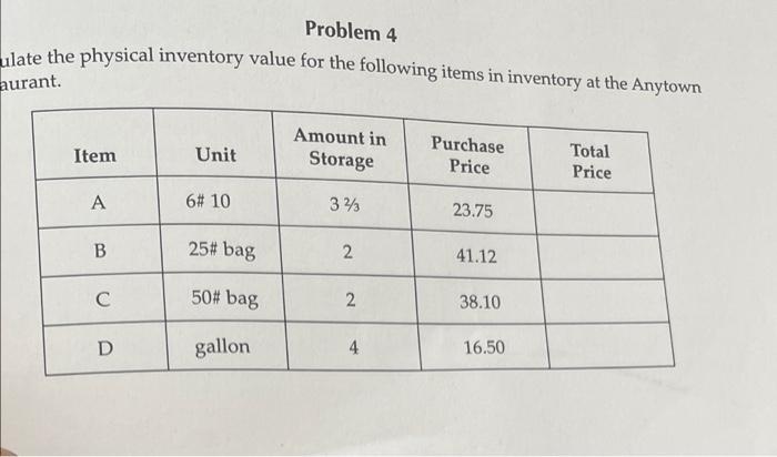 Problem 4 ulate the physical inventory value for