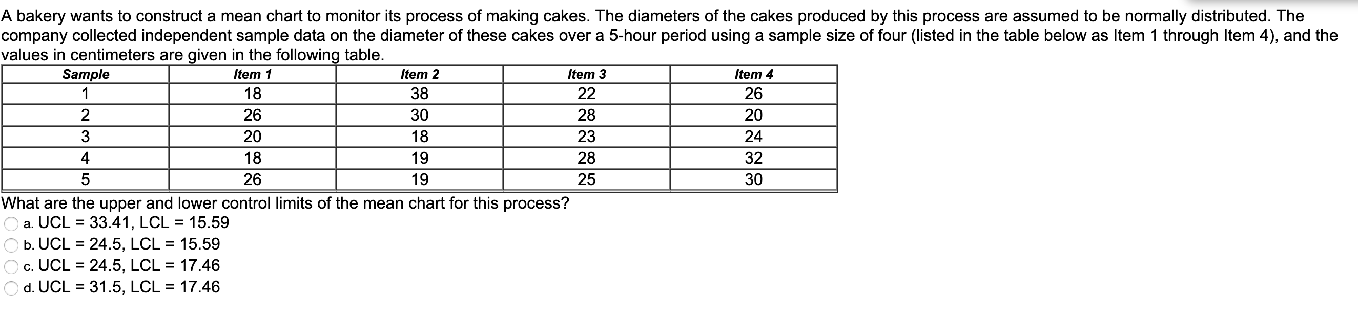 1 26 3 A bakery wants to construct a mean chart