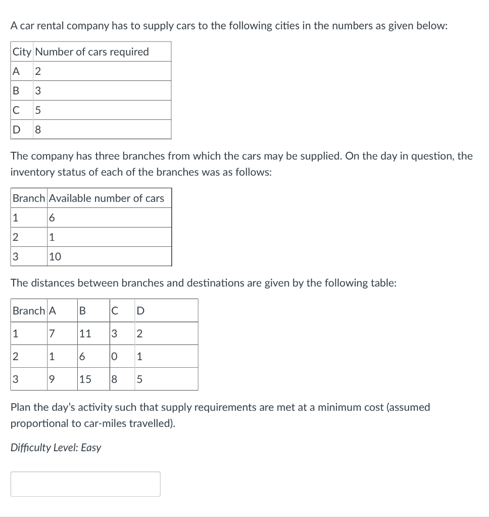 show on excel please A car rental company has to