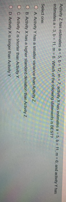 Activity Z has estimates a = 5, b = 12, m = 7,
