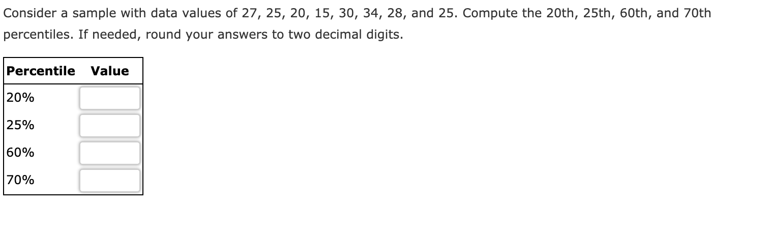 Consider a sample with data values of 27, 25, 20,