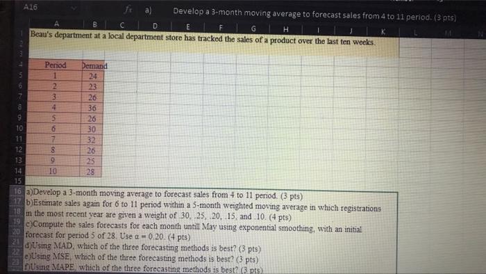 A16 fta) Develop a 3-month moving average to