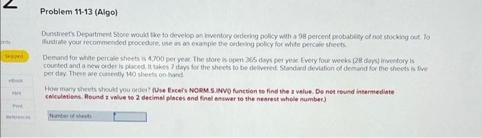 Problem 11-13 (Algo) Dunstreet's Department Store