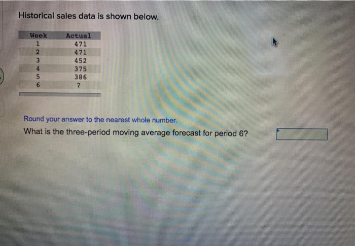 Historical sales data is shown below. Week 1 2 3