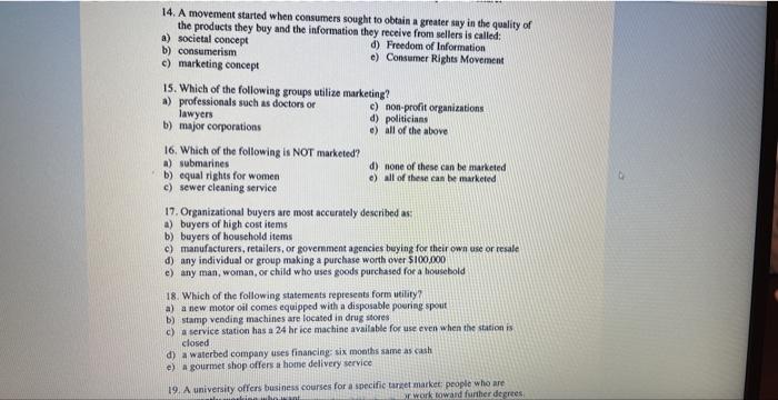 marketing questions. pls help 14. A movement