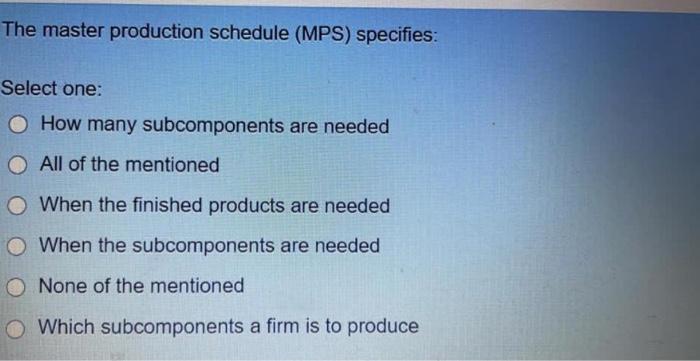 The master production schedule (MPS) specifies: