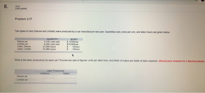 2.00 points Problem 2-17 Two types of cars
