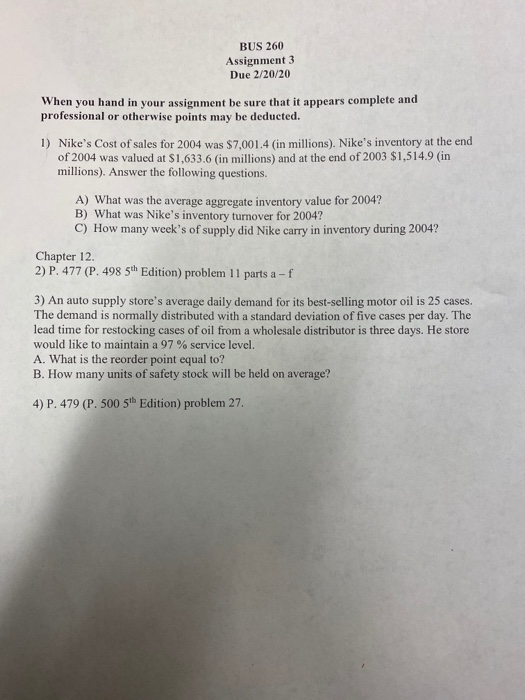 BUS 260 Assignment 3 Due 2/20/20 When you hand in
