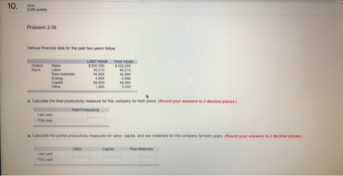 200 points Problem 2-19 Various financial data