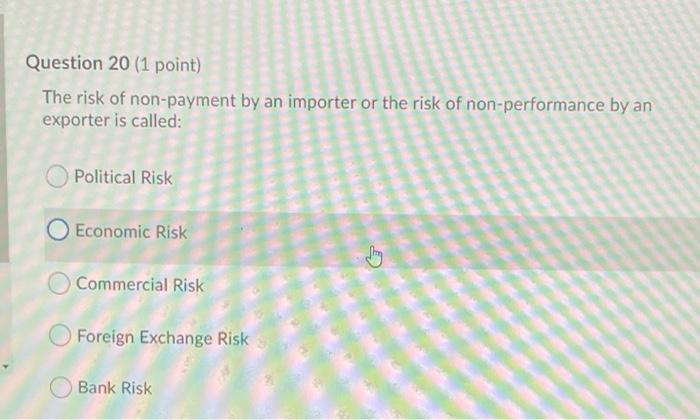 Question 20 (1 point) The risk of non-payment by
