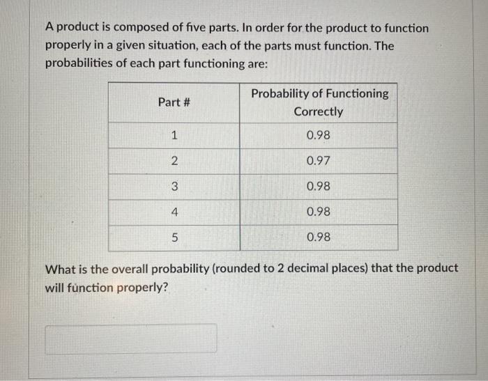 A product is composed of five parts. In order for