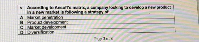 v According to Ansoff's matrix, a company looking