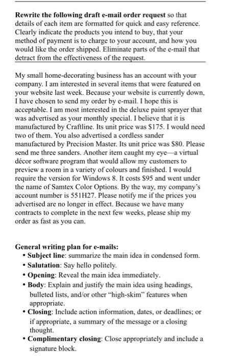 Rewrite the following draft e-mail order request