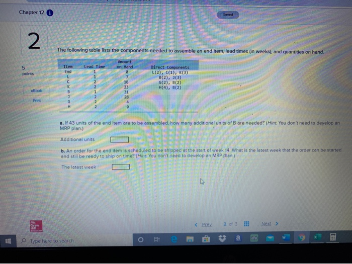Chapter 12 A The following table lists the