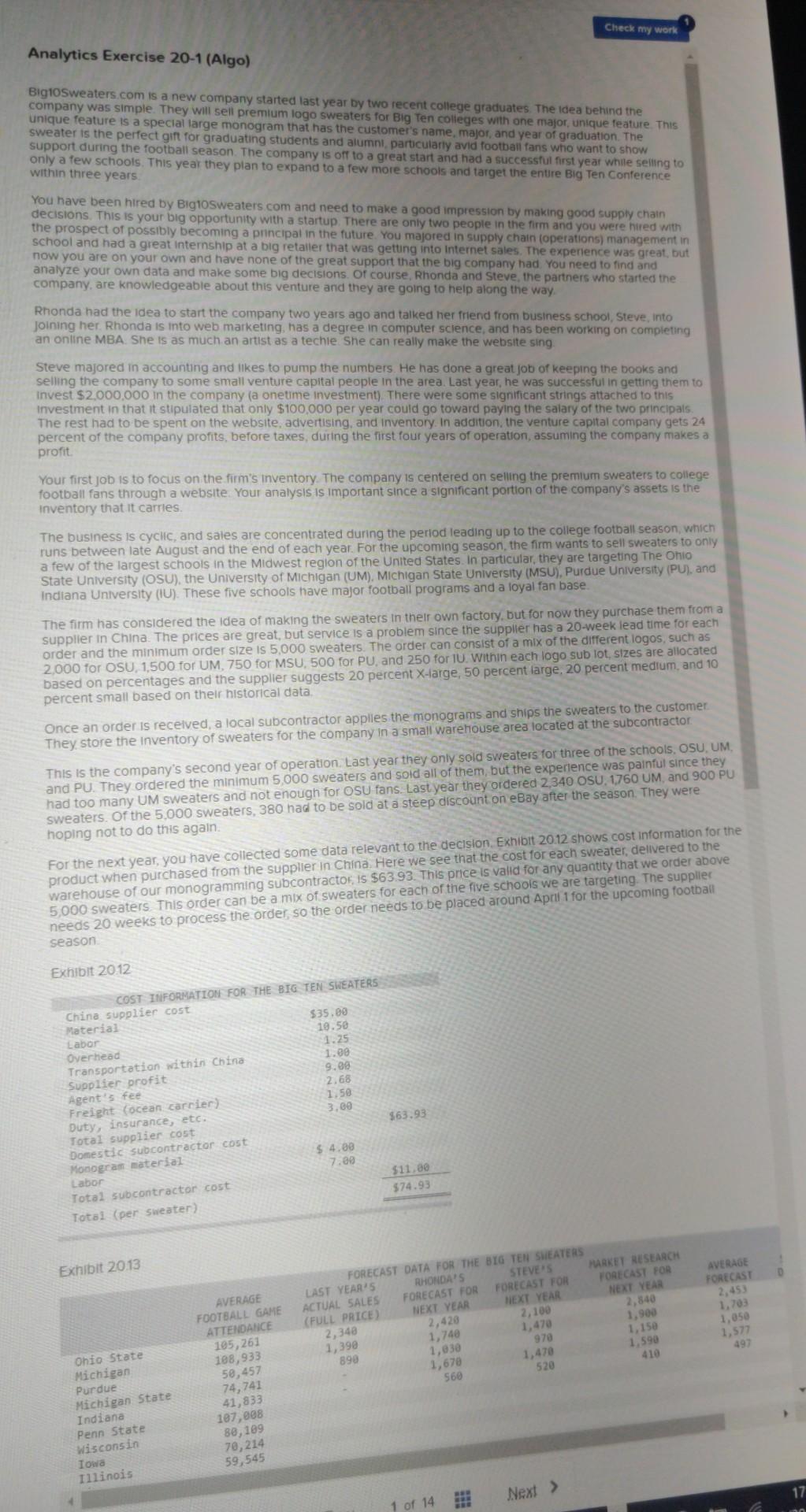 problem 20-1 Check my work Analytics Exercise