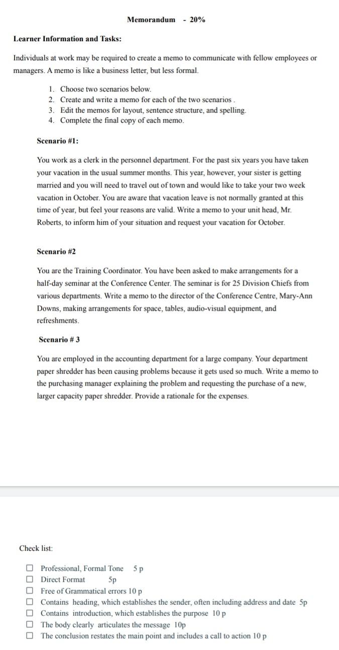 Memorandum - 20% Learner Information and Tasks: