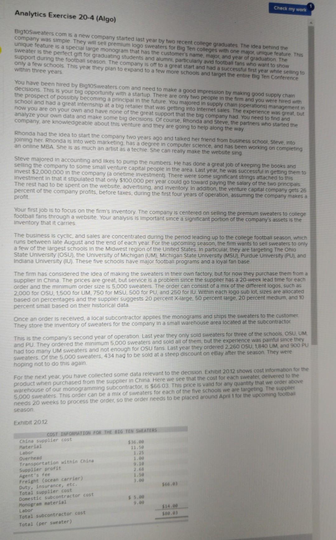 problem 20-4 Check my work Analytics Exercise