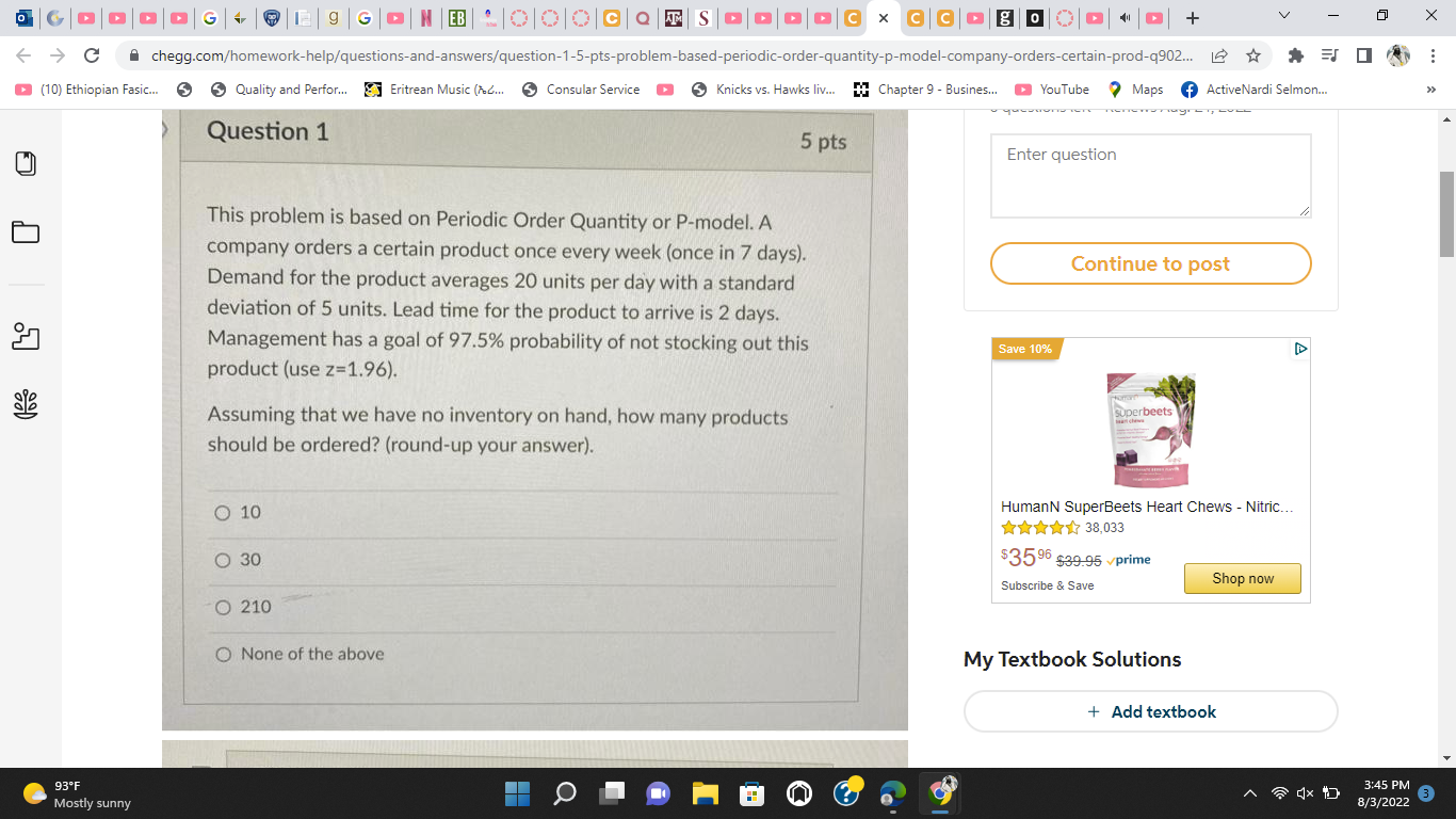 This problem is based on Periodic Order Quantity