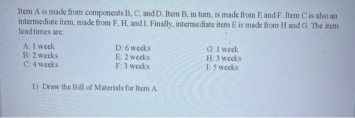 Item A is made from components B, C. and D. Item