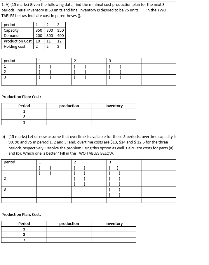 1. A) (15 marks) Given the following data, find
