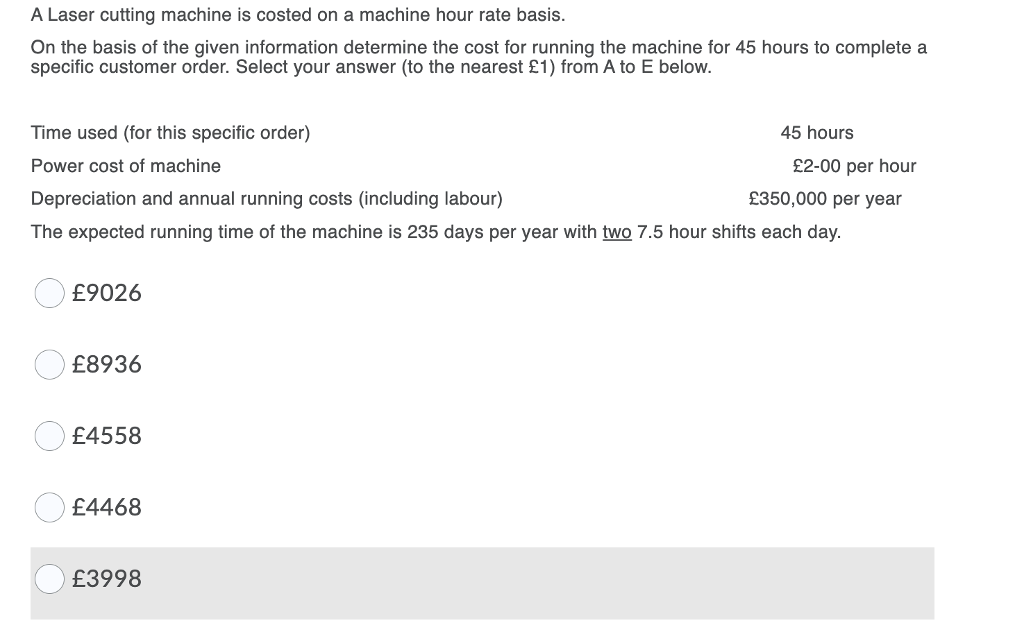 A Laser cutting machine is costed on a machine