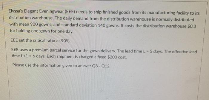 Elyssa's Elegant Eveningwear (EEE) needs to ship