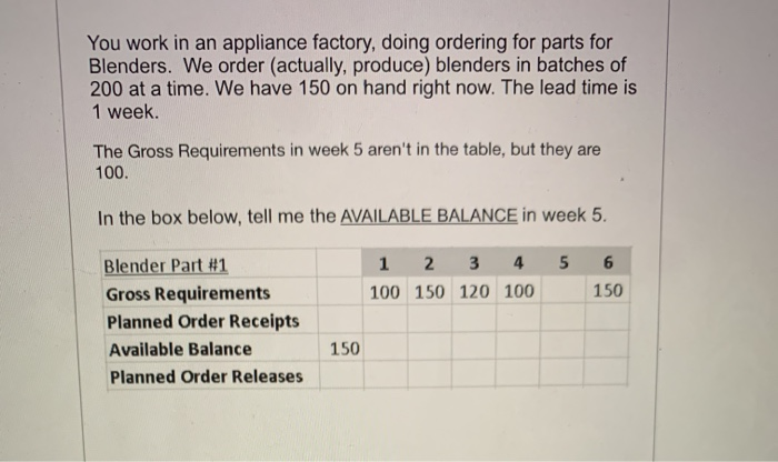 You work in an appliance factory, doing ordering