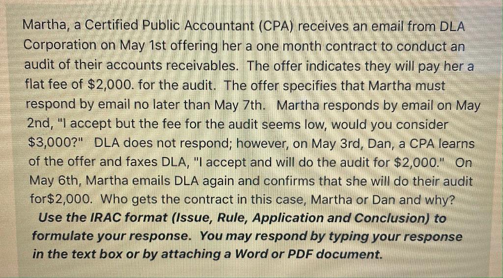 Please use the IRAC format (Issue, Rule,