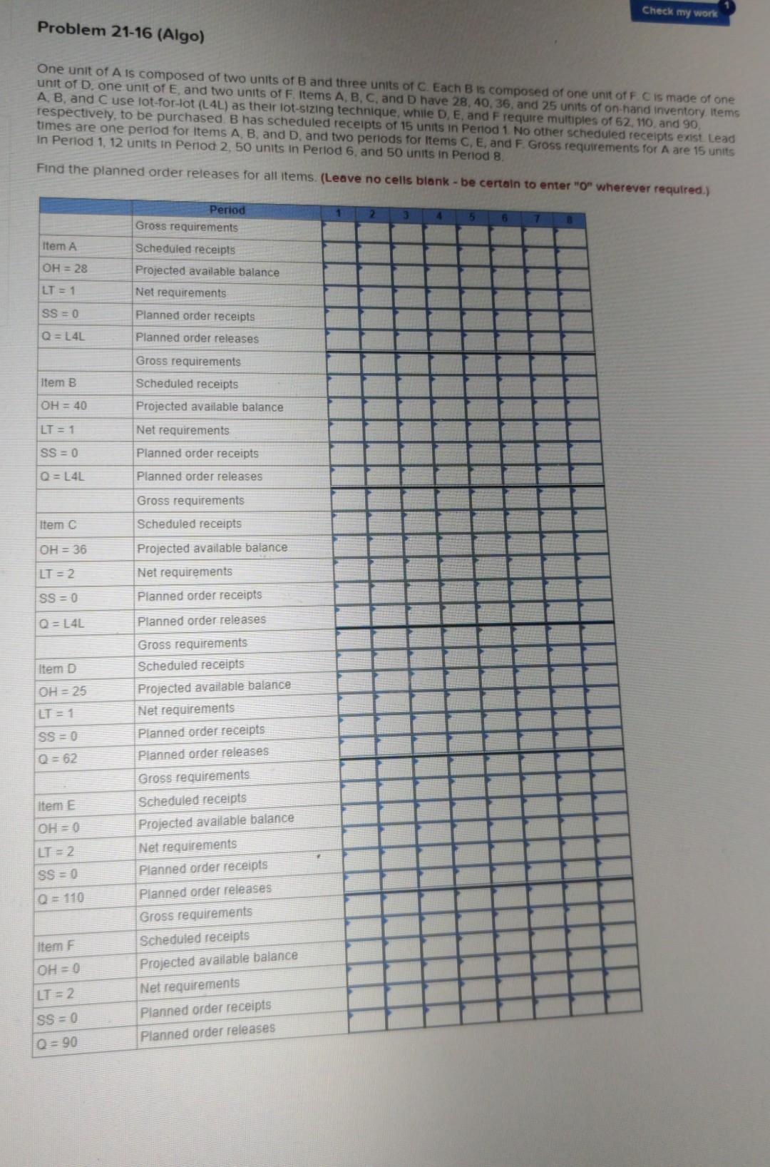 problem 21-16 Check my work Problem 21-16 (Algo)
