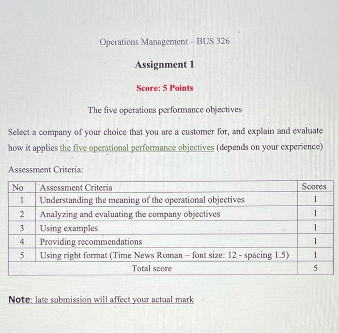 Operations Management - BUS 326 Assignment 1