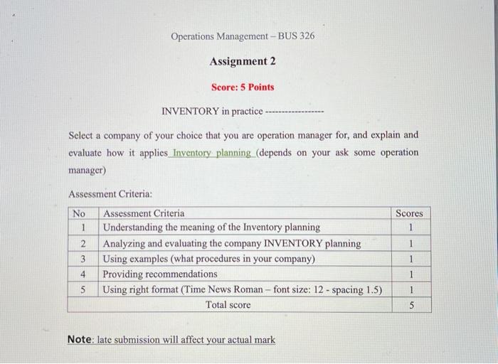 Operations Management-BUS 326 Assignment 2 Score: