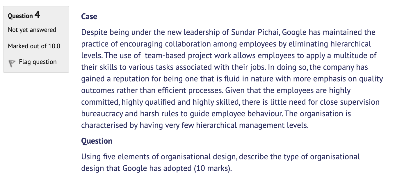 Question 4 Case Not yet answered Marked out of