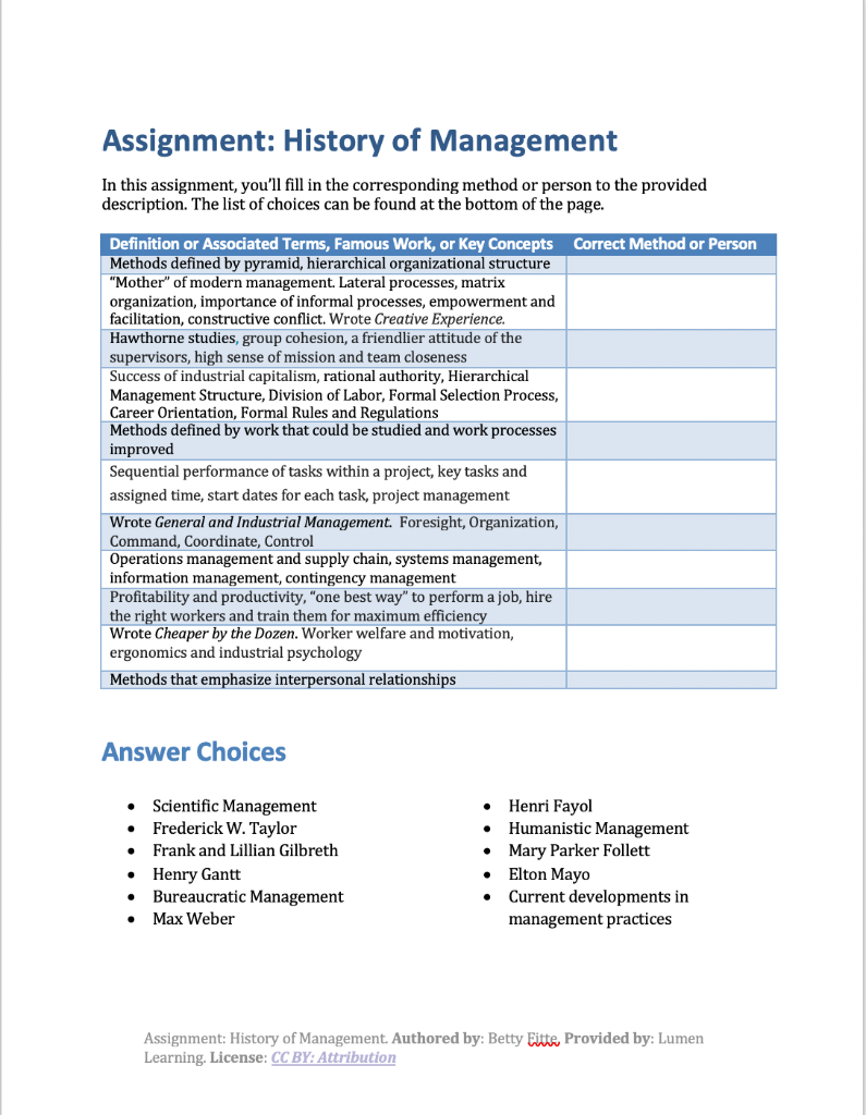 MATCH THE FOLLOWING ANSWER CHOICES IN THE CORRECT