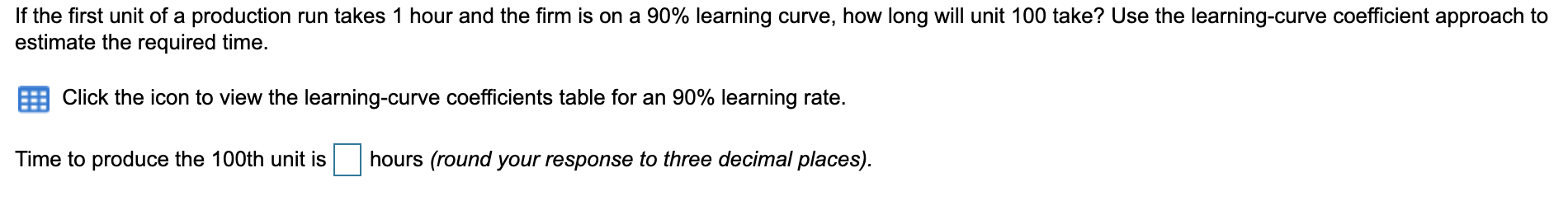 Learning-Curve Coefficients for 90% Learning Rate