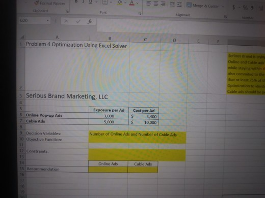 5 G20 A 1 Problem 4 Optimization Using Excel