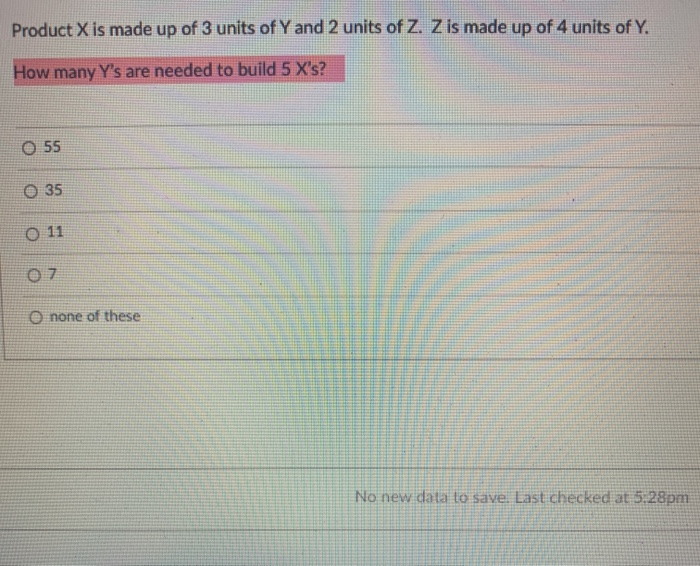 Product X is made up of 3 units of Y and 2 units