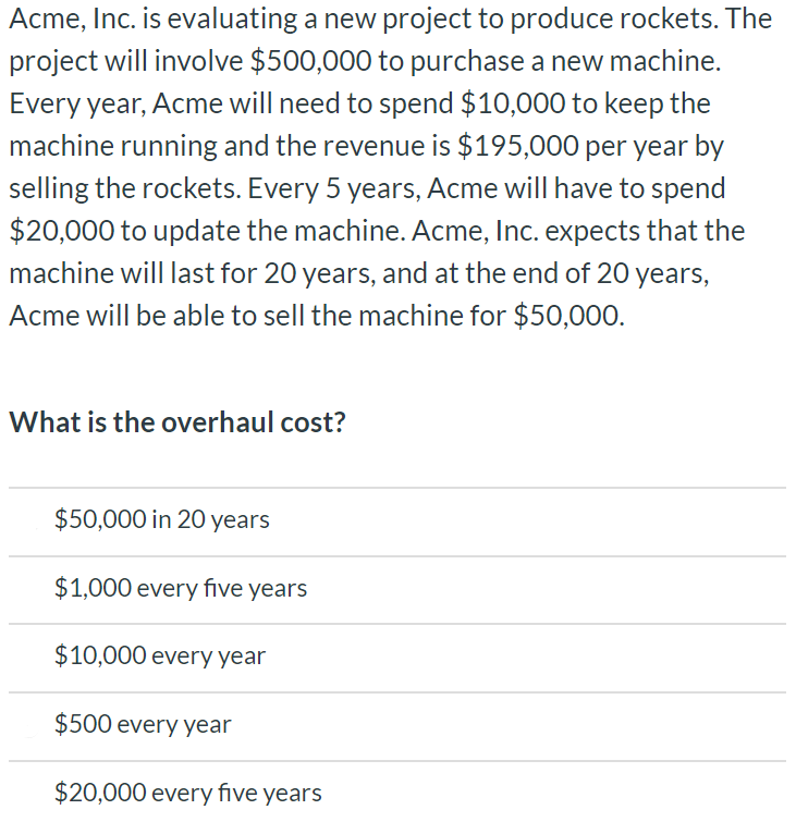 Acme, Inc. is evaluating a new project to produce