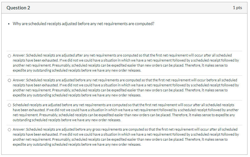Question 2 1 pts Why are scheduled receipts