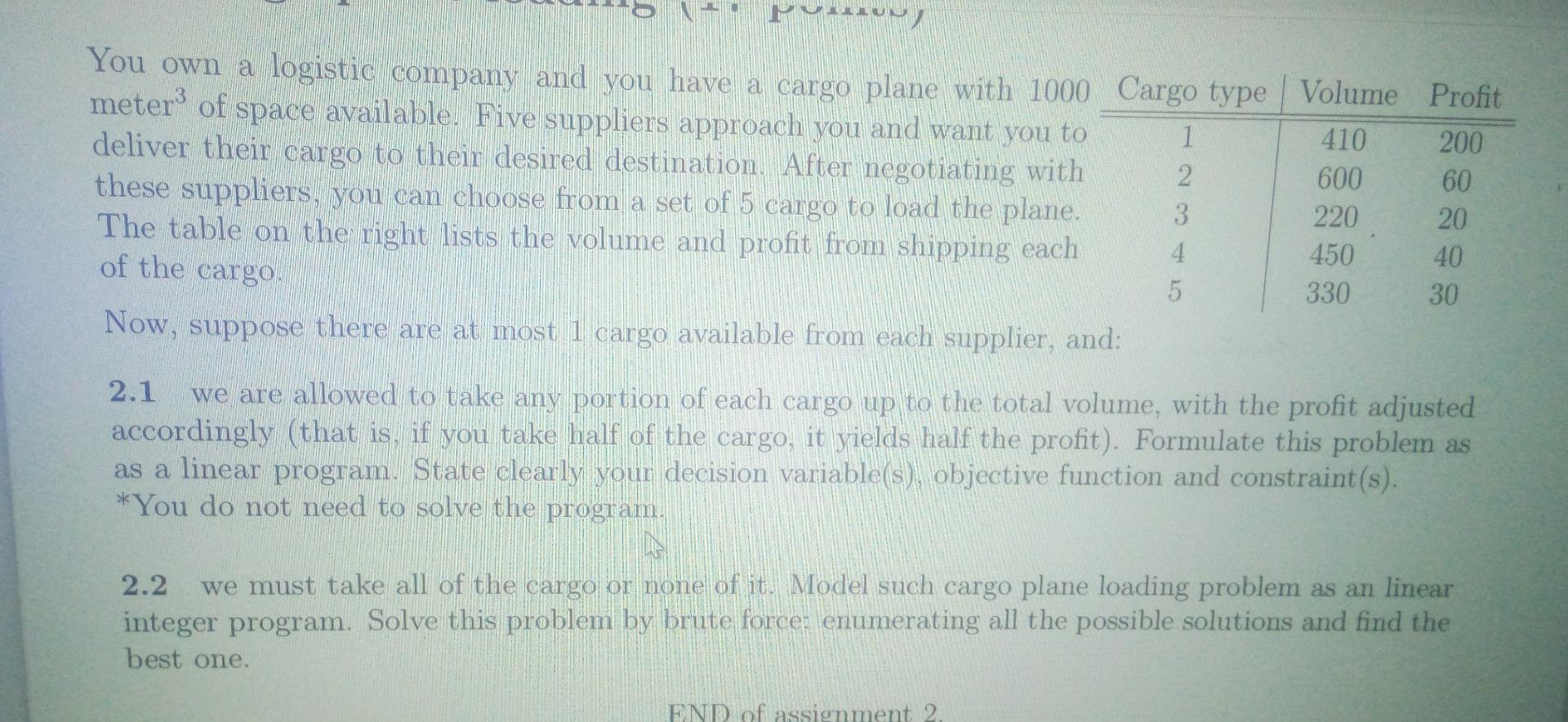 Profit 1 410 200 You own a logistic company and