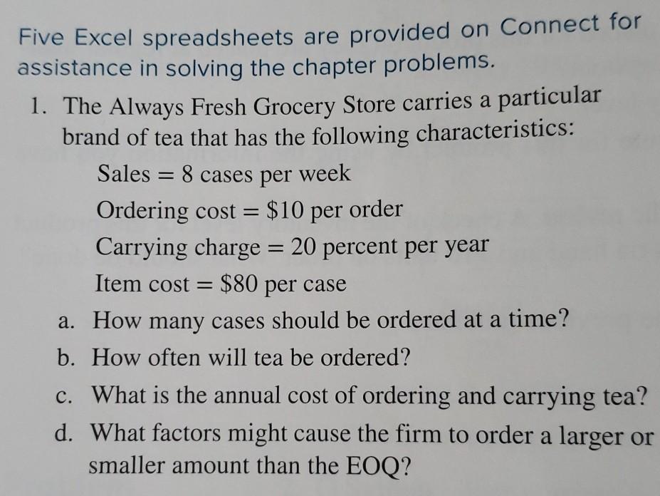 Five Excel spreadsheets are provided on Connect