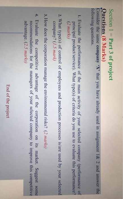 Section 1 = Part 3 of project Questions (8 Marks)